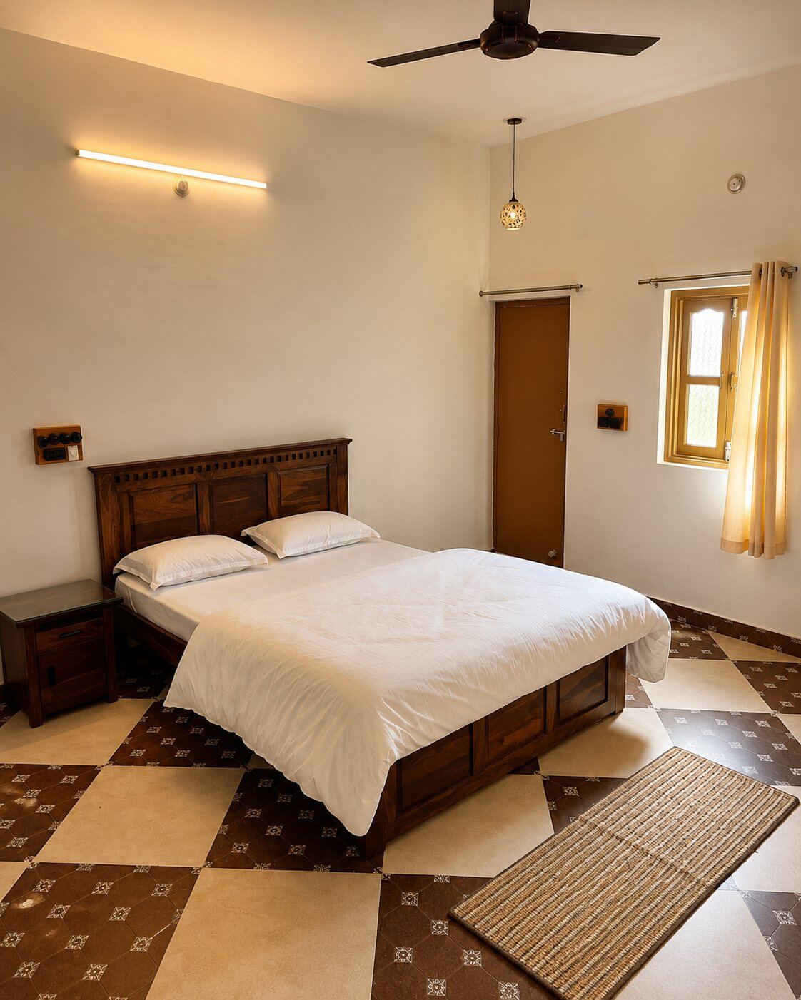 Bright room with woven rug