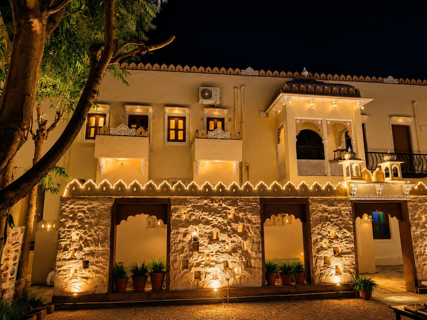 Illuminated stone facade at night